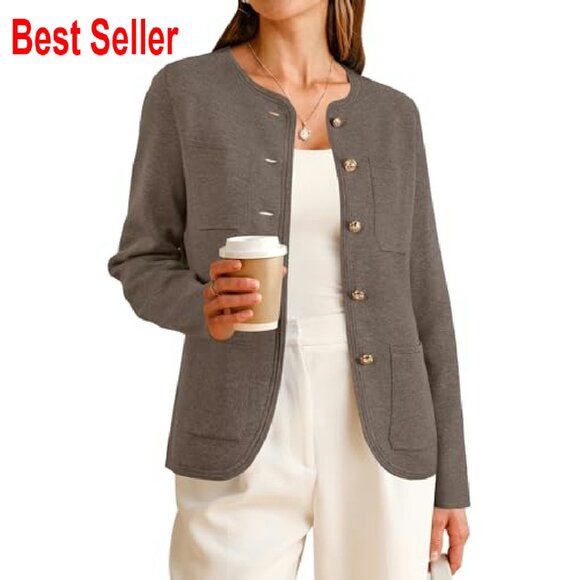 Wool Blend Sweater Blazer Classic Collarless Business Casual Jacket Pockets - Picture 2 of 8